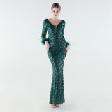 Formal Party Luxury Sequin Ostrich Feather Evening Gown Slim-Fit Long Dress