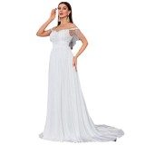 Women's White Small Train Beach Church Wedding Dress Formal Party Ball Gown