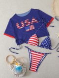 Women's Short Sleeve Slim Print T-shirt Sexy Two Pieces Bikini Two Three-Piece  Swimsuit