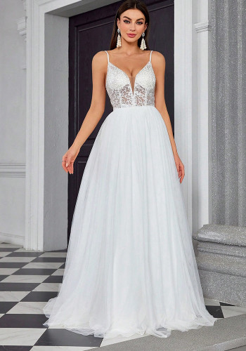 Women's Sexy Strap V-neck Lace Chic Wedding Dress Ball Evening Gown