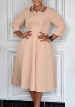 Women's Fashion Plus Size Square Neck Solid Color Pleated High-Waist African Dress