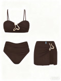 Women's High-Waist Bottoms Three-Piece Set Solid Color Bikini Swimwear