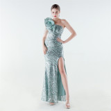 Women's Feather One-Shoulder Sequin Fitted Mermaid High Slit Formal Party Evening Gown