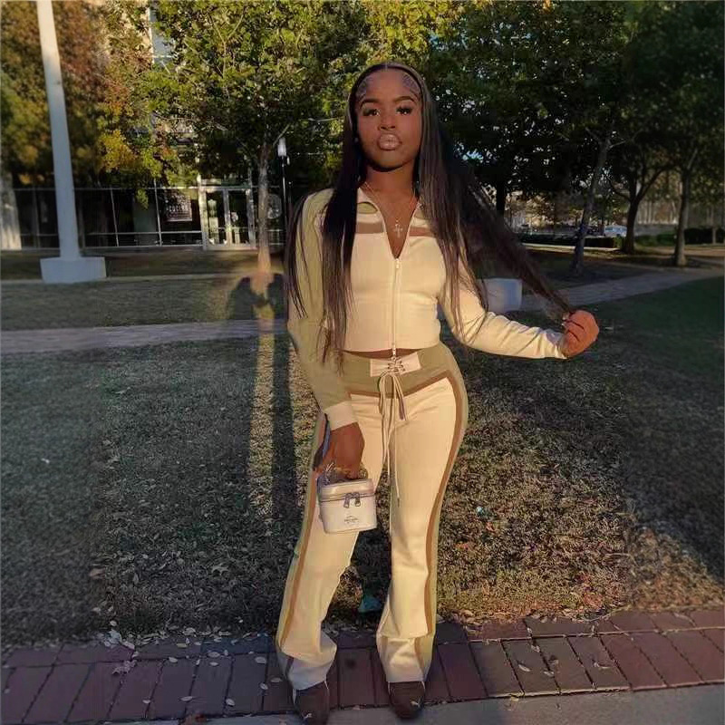 Women's Sexy Fashion Long Sleeve Color-Block Two-Piece Pants Set