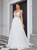 Women's Sexy Strap V-neck Lace Chic Wedding Dress Ball Evening Gown