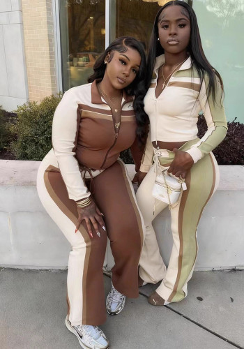 Women's Sexy Fashion Long Sleeve Color-Block Two-Piece Pants Set