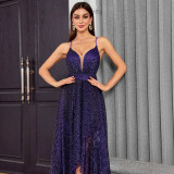 Women's Strap Sexy Slim Fit Asymmetric Hem Party Chic Long Ball Gown Evening Dress