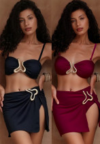 Women's High-Waist Bottoms Three-Piece Set Solid Color Bikini Swimwear