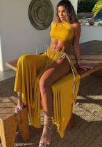 Women's Autumn Fashion Solid Color Hollow-out Crop Vest Patchwork Crop Side Tie Long Skirt Set