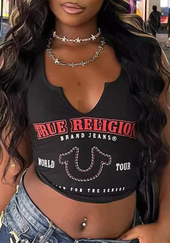 Fashion Printed Letter V-Neck Vest