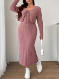 Plus Size Women's Autumn/Winter Tie-Detail Knitting Coat Strap Dress Two-Piece Set