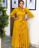 Women's Fashion Off-Shoulder Chiffon Ruffle Slim Waist A-Line Pleated Maxi Formal Party Dress