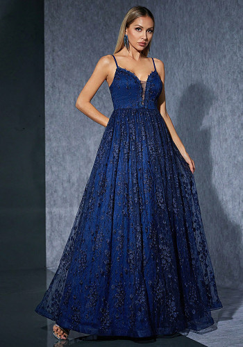 Women's Formal Party Strap Mesh Embroidered Low Back Chic Evening Gown