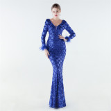 Formal Party Luxury Sequin Ostrich Feather Evening Gown Slim-Fit Long Dress