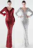 Formal Party Luxury Sequin Ostrich Feather Evening Gown Slim-Fit Long Dress
