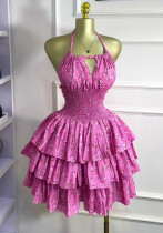 Women's Autumn Sleeveless Halter Neck Tie-Detail Sexy Low Back Layer Short Dress