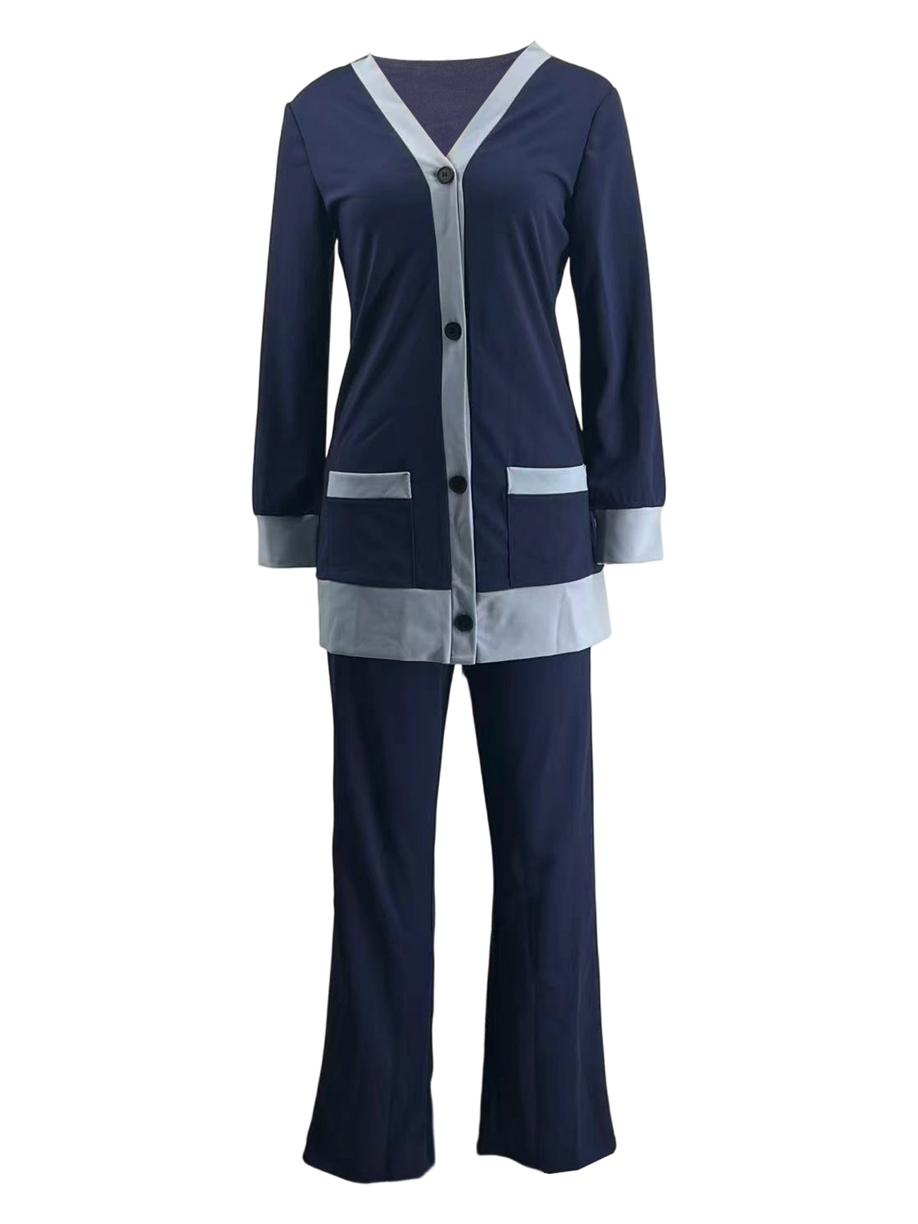 Women's Fashion Casual Contrast Color Pocket Top Pants Two-Piece Set