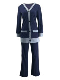 Women's Fashion Casual Contrast Color Pocket Top Pants Two-Piece Set