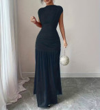 Women's Solid Color Slim Waist Pleated Long Elegant Dress