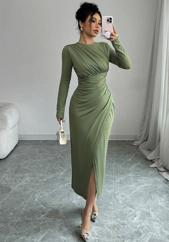 Women's Autumn/Winter Round Neck Long Sleeve Knot Slit Solid Color Chic Elegant Slim Fit Dress
