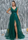 Women's Dark Green V-Neck Mesh Slit Chic Party Sequin Evening Gown Dress
