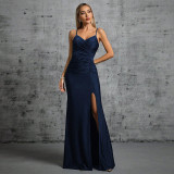 Women's Strap Deep V-Neck Party High Slit Low Back Sexy Evening Gown