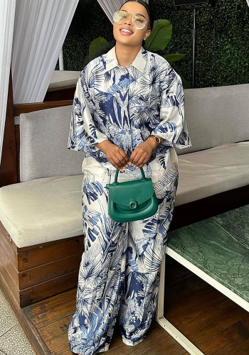 Plus Size Women's African Casual Slim Fit Chic Elegant Turndown Collar Printed Shirt Pants Two-Piece Set