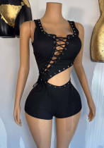Women's Lace-Up Sexy Crop Asymmetrical Sleeveless T-Shirt Jumpsuit