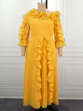 Women's Fashion Off-Shoulder Chiffon Ruffle Slim Waist A-Line Pleated Maxi Formal Party Dress
