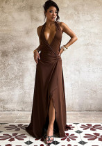 Women's Autumn Deep V-Neck Holidays Flounce Hem A-Line Halter Neck Bodycon Dress