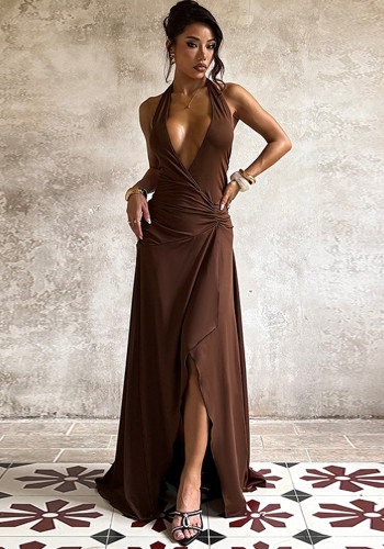 Women's Autumn Deep V-Neck Holidays Flounce Hem A-Line Halter Neck Bodycon Dress