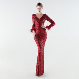 Formal Party Luxury Sequin Ostrich Feather Evening Gown Slim-Fit Long Dress