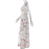 Women's Pleated Print Round Neck Long Sleeve Slim Waist A-Line Dress