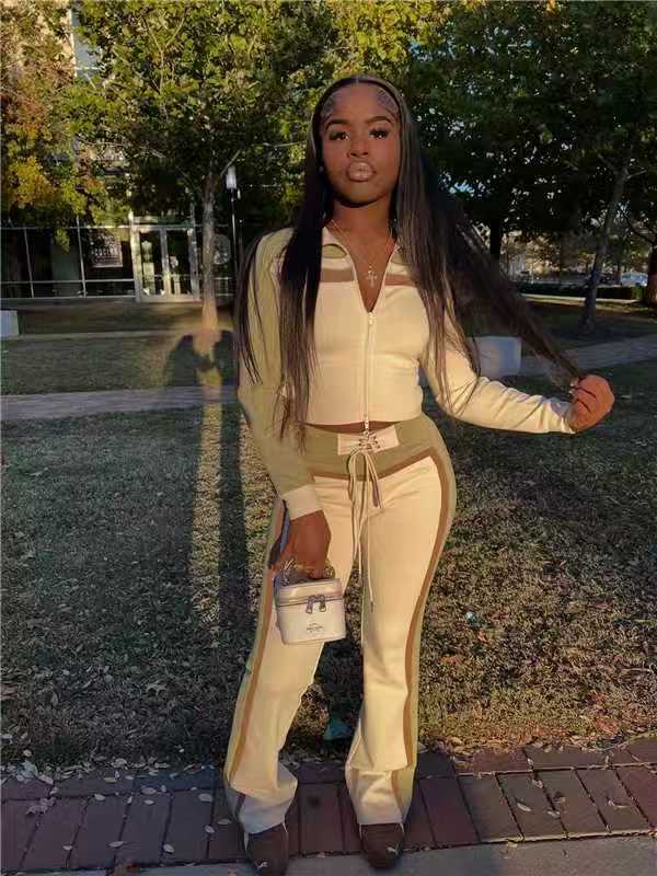 Women's Sexy Fashion Long Sleeve Color-Block Two-Piece Pants Set