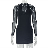 Women's Solid Color Slim Sexy Mesh Patchwork Long Sleeve Bodycon Short Dress