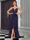 Women's Strap Sexy Slim Fit Asymmetric Hem Party Chic Long Ball Gown Evening Dress