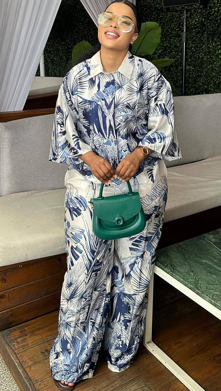 Plus Size Women's African Casual Slim Fit Chic Elegant Turndown Collar Printed Shirt Pants Two-Piece Set