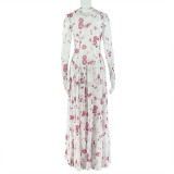 Women's Pleated Print Round Neck Long Sleeve Slim Waist A-Line Dress