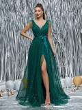Women's Dark Green V-Neck Mesh Slit Chic Party Sequin Evening Gown Dress