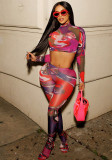 Women Spring Printed Sexy See-Through Top and Pants Two-Piece Set