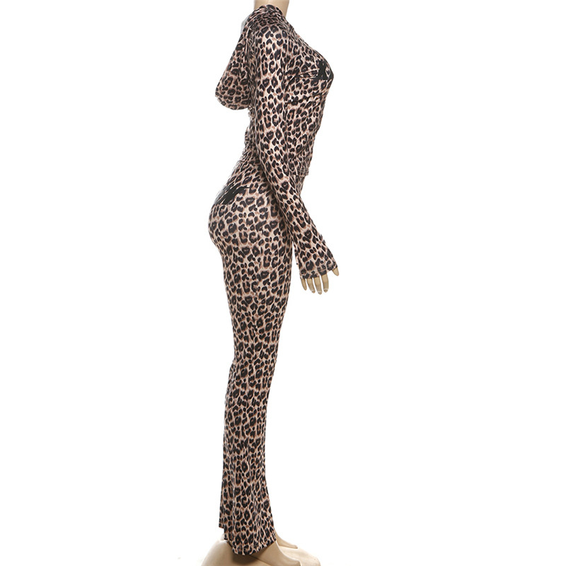 Women Autumn/Winter Hooded Leopard Print Letter Print Long-Sleeve Top and Pants Two-Piece Set