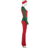 Women Autumn/Winter Christmas Long-Sleeve Round Neck T-Shirt and Color-Blocked Pants Two-Piece Set