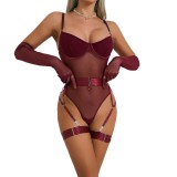 Women Sexy Halter Leg Ring Bodysuit Mesh See-Through Underwire Lingerie