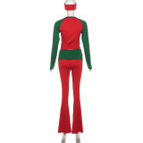 Women Autumn/Winter Christmas Long-Sleeve Round Neck T-Shirt and Color-Blocked Pants Two-Piece Set