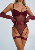 Women Sexy Halter Leg Ring Bodysuit Mesh See-Through Underwire Lingerie