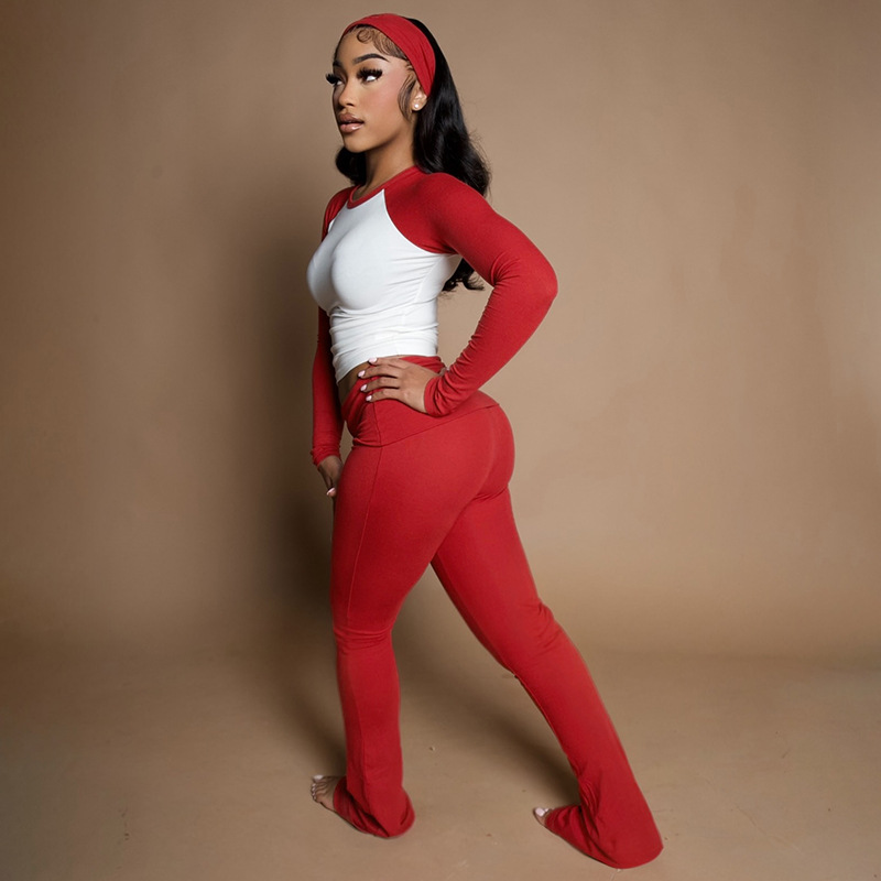 Women Autumn/Winter Christmas Long-Sleeve Round Neck T-Shirt and Color-Blocked Pants Two-Piece Set