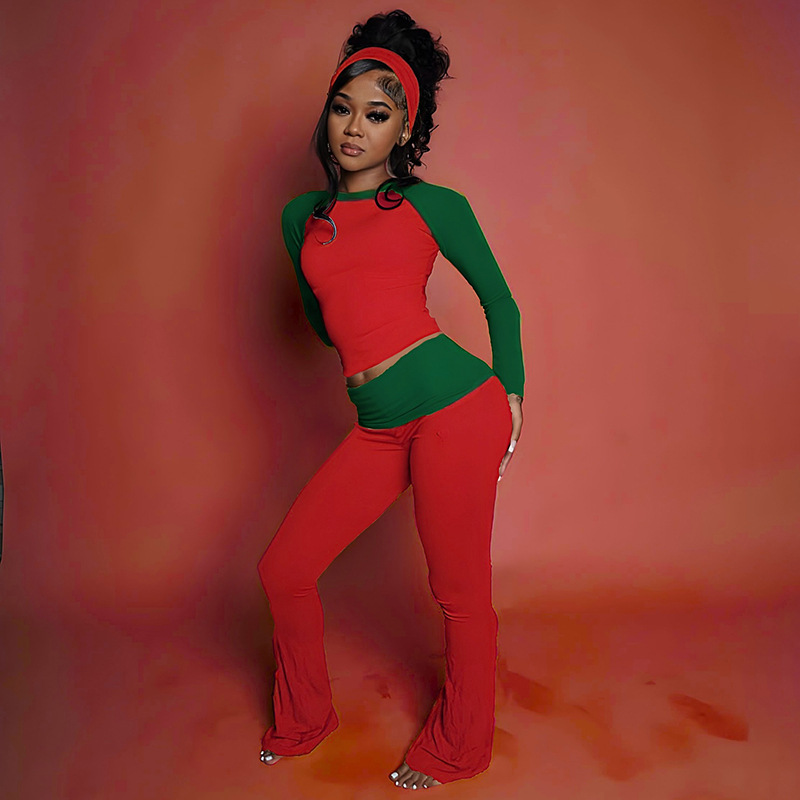 Women Autumn/Winter Christmas Long-Sleeve Round Neck T-Shirt and Color-Blocked Pants Two-Piece Set