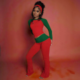 Women Autumn/Winter Christmas Long-Sleeve Round Neck T-Shirt and Color-Blocked Pants Two-Piece Set