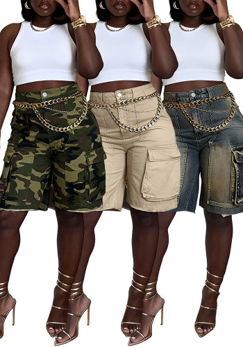 Women Spring Summer Ripped Cargo Pocket Denim Shorts
