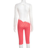 Women's Retro Long Sleeve Low Back Lace Top Polka Dot One-Piece Capri Pants
